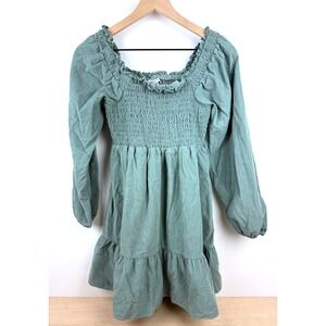 American Eagle Turquoise Small Smocked Tiered Corduroy Mini Dress Long Sleeve